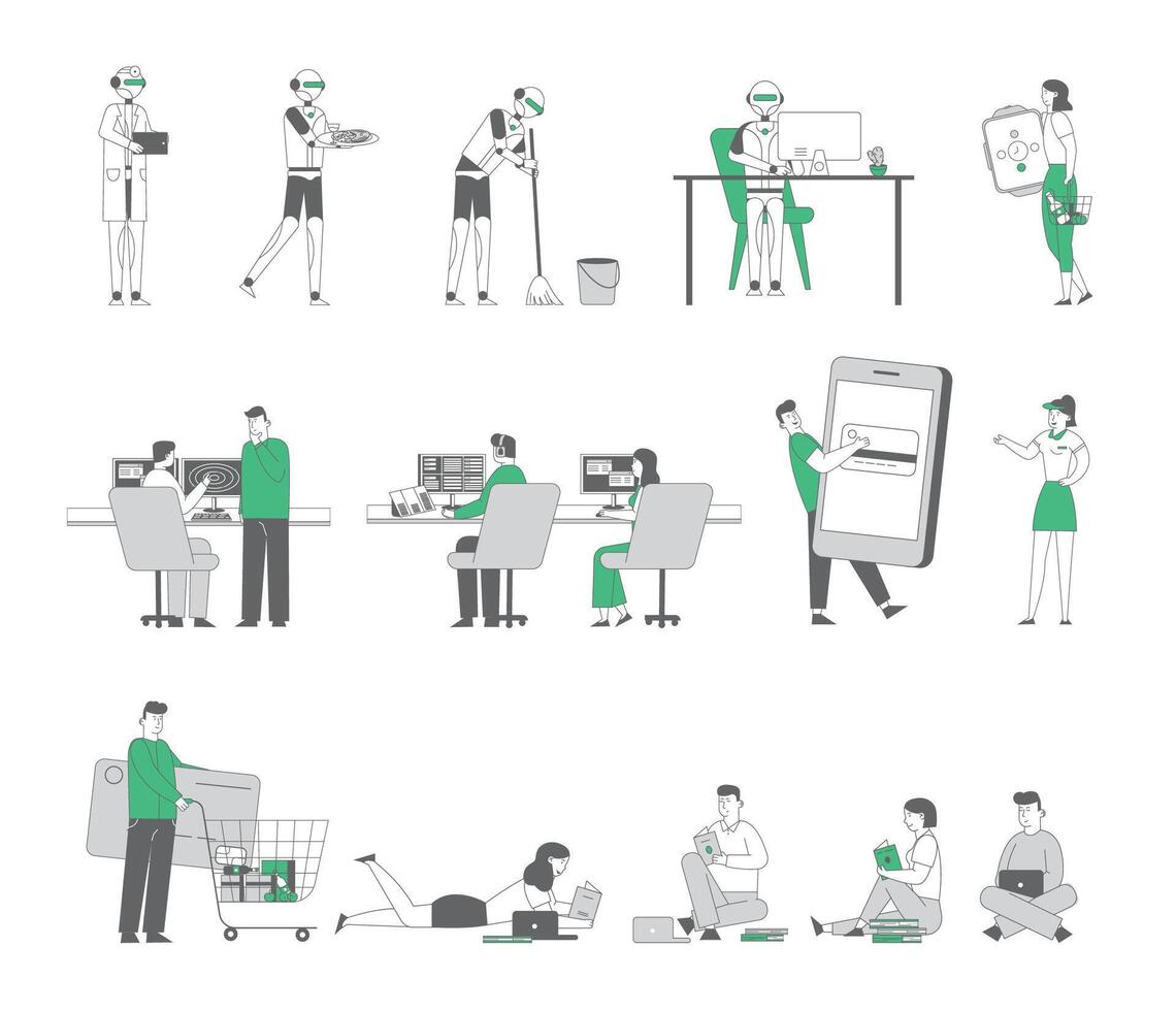 Set of Male Female Characters Airplane Dispatchers Working, Robots and Cyborg Service, People Using Gadgets and Doing Shopping. Students Studying with Books and Computers. Linear Illustration vector