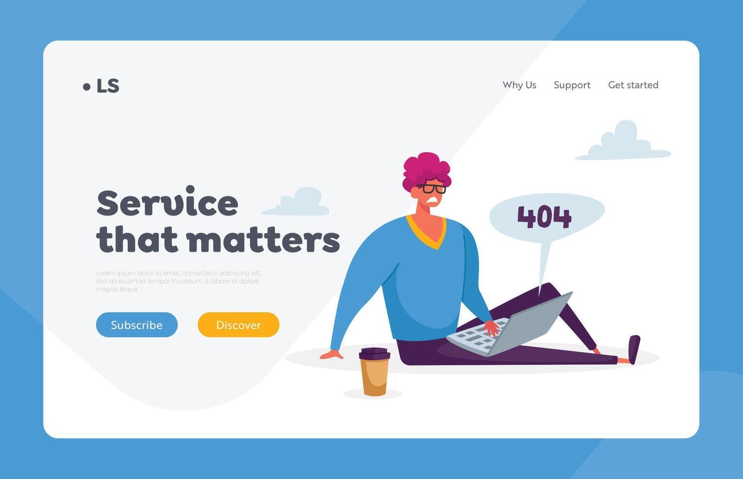 Chat Bot Consultation Landing Page Template. Sad Character with 404 Error on Laptop Need Technical Help. Client Chat with Ai Robot Chatbot. Faq Customer Online Support. Cartoon Illustration vector