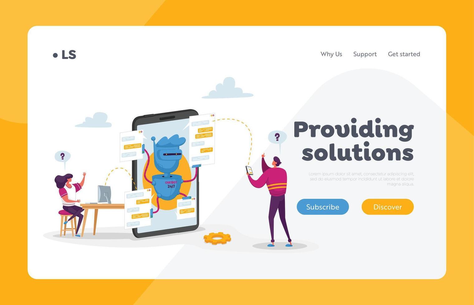 People Use Chat Bot Service Landing Page Template. Characters Use Gadgets for Chatbot Communication. Ai Robot Help Faq Support Online Consultation, Artificial Intelligence. Cartoon Illustration vector