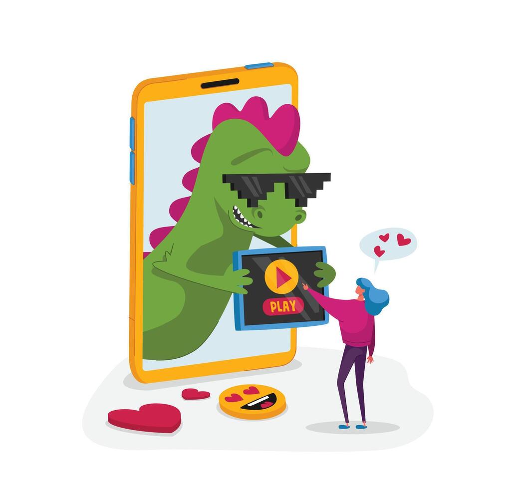 Tiny Female Character at Huge Smartphone with Funny Dragon on Screen Using Mobile Put Play Button on Gadget Device. Viral Content Spreading, Followers Attraction, Feedback. Cartoon Illustration vector