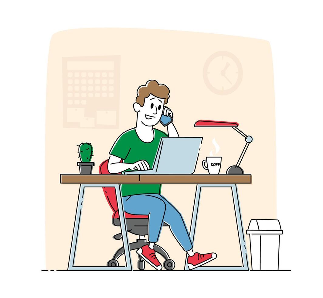 Male Character Work on Laptop and Speaking by Smartphone in Office. Man at Desk Work on Project, Freelancer or Businessman Working Process, Brainstorm or Searching Solution. Linear Illustration vector