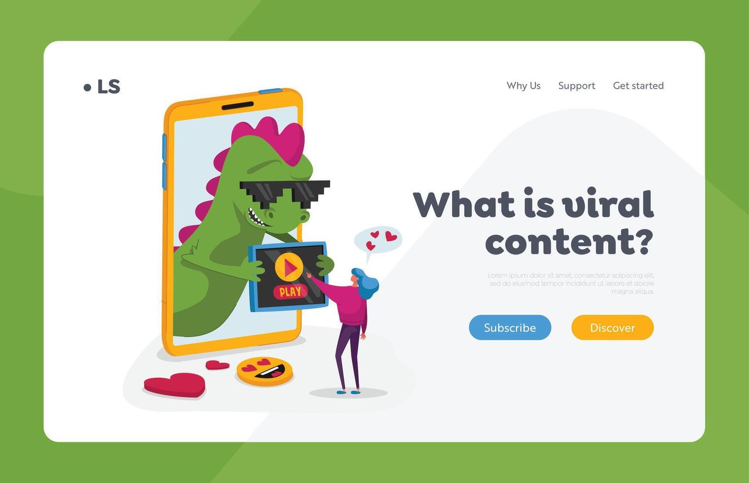 Viral Content Spreading, Watch Landing Page Template. Tiny Female Character at Huge Smartphone with Funny Dragon on Screen Using Mobile Push Play Button on Gadget Device. Cartoon Illustration vector