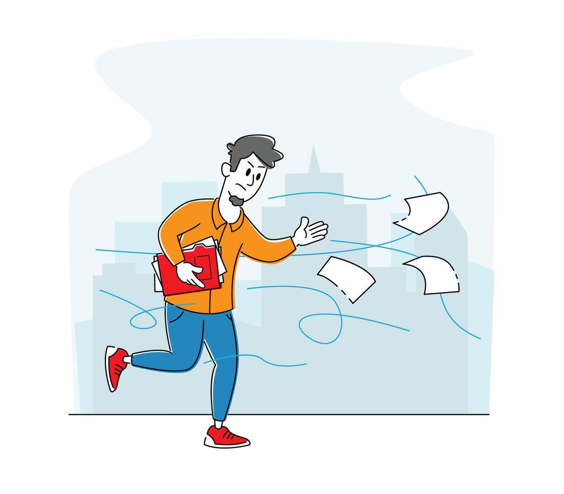 Thunderstorm with Extremely Blowing Wind. Business Man Character Running Fast Trying to Catch Flying Documents Blown Away with Strong Whirlwind in Cold Autumn Windy Weather. Linear Illustration vector
