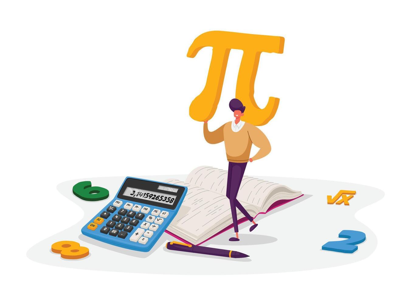 Mathematics Science and Algebra Concept. Tiny Student Male Character Carrying Huge Sign Pi with Digits, Textbook, Formula Root Symbol. University and High School Education. Cartoon Illustration vector