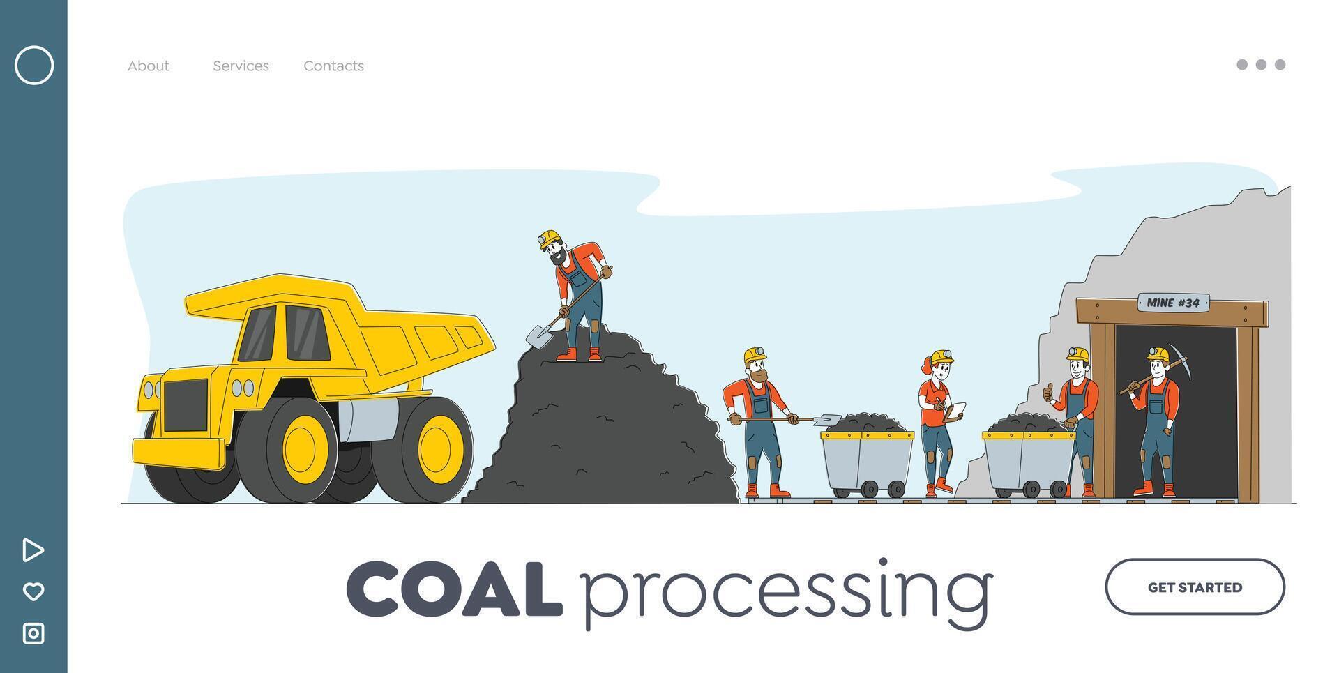 Coal Mining Landing Page Template. Miner Characters Working on Quarry with Tools, Transport and Technique. Extraction Industry Technics, Work Equipment for Quarry. Linear People Illustration vector