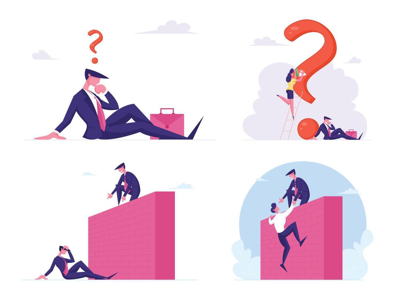 Set of Business Characters Climb on High Wall. Businessman Help Teammate to Overcome Problems. People Solve Task with Question Mark, FAQ Service, Teamwork, Leadership. Cartoon Illustration vector