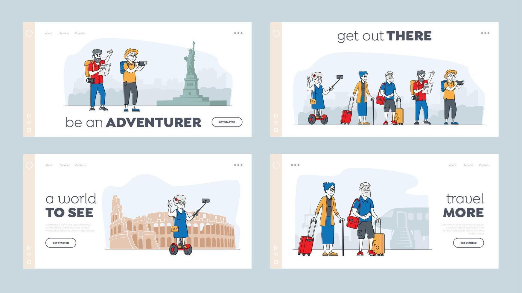 Active Pensioners Trip Landing Page Template Set. Senior Tourists in Foreign City Using Mobile for Making Selfie. Old Characters Use Smart Technologies in Traveling. Linear People Illustration vector