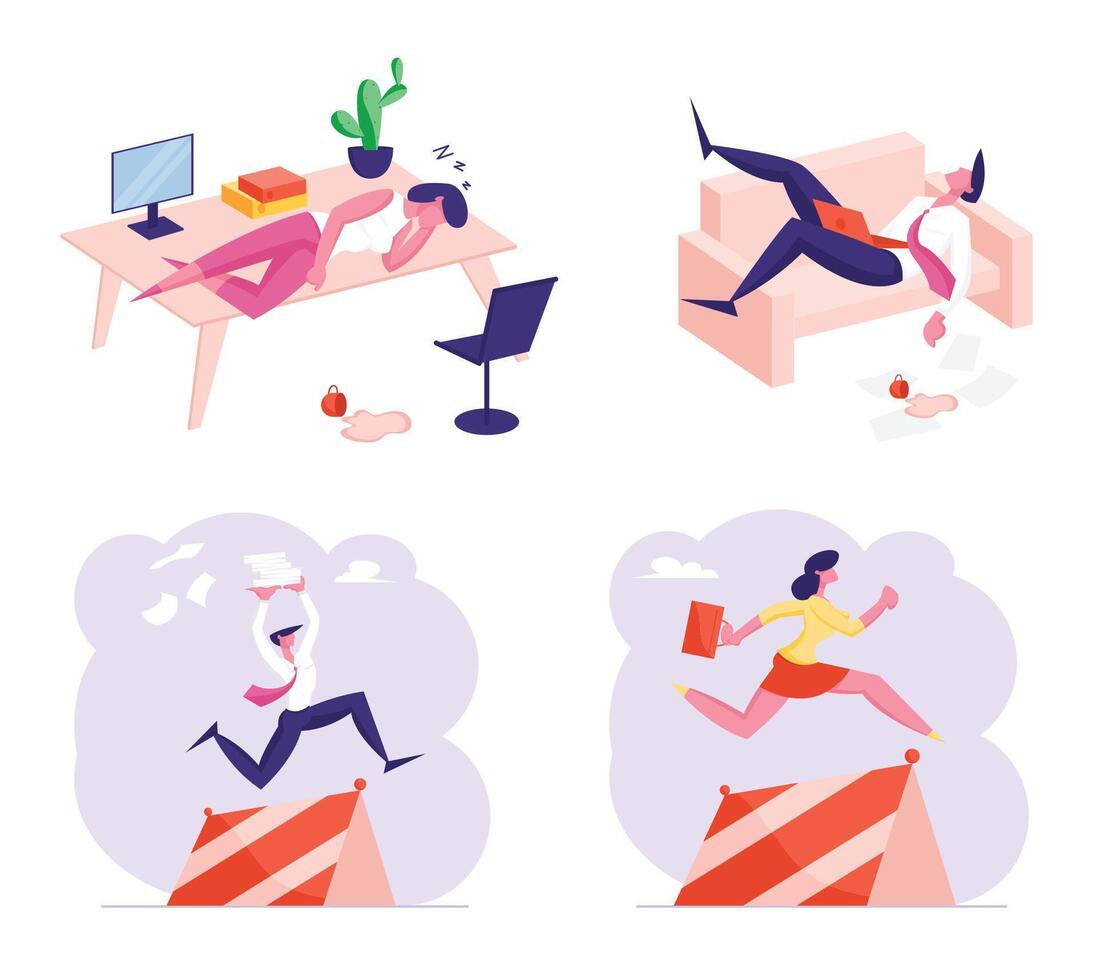 Set of Business Characters Procrastination, Working Burnout and Race with Obstacles. Tired People Sleeping at Workplace vector