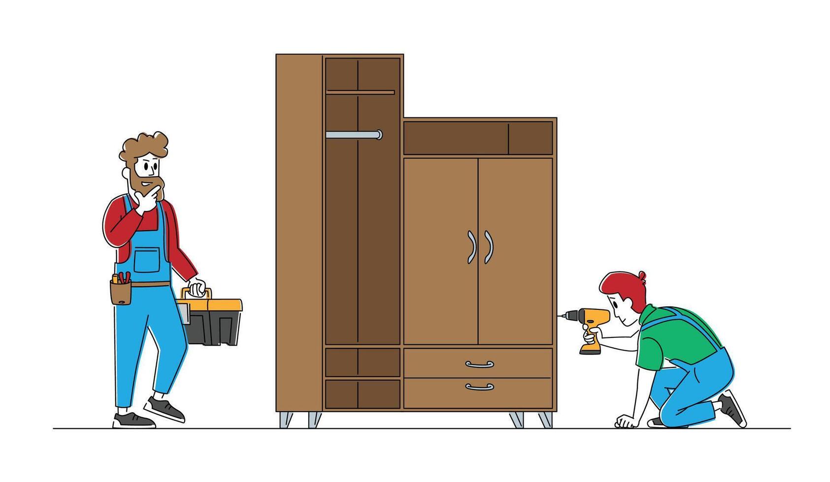 Furniture Assembly Service. Carpenter Worker Characters with Tools Assembling Home Wardrobe with Electric Drill and Construction Instruments in Belt Bag and Toolbox. Linear People Illustration vector
