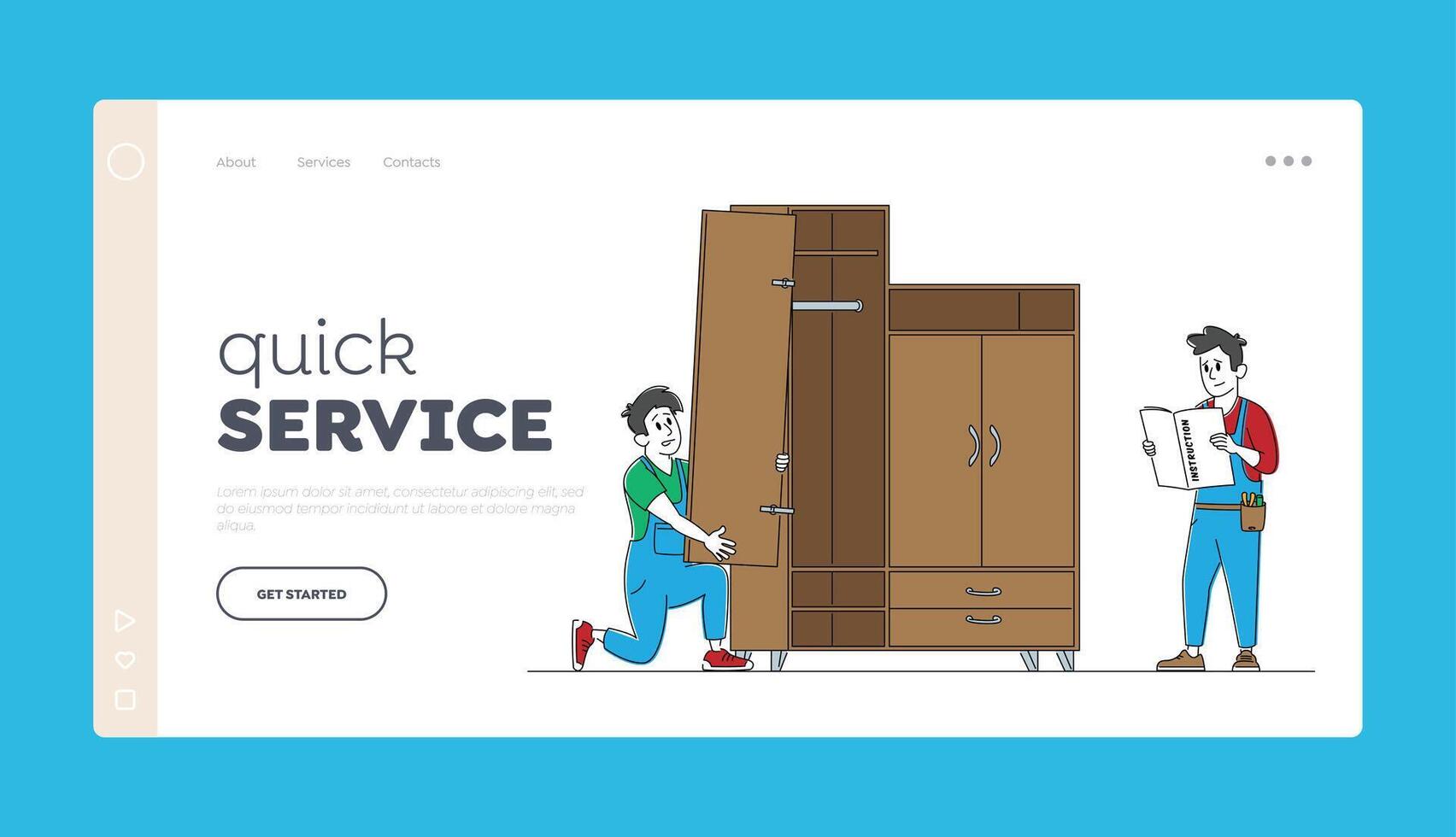 Furniture Maker Profession and Service Landing Page Template. Handymen Read Instruction for Assembly Furniture, Worker Characters with Tools Assembling Cabinet. Linear People Illustration vector