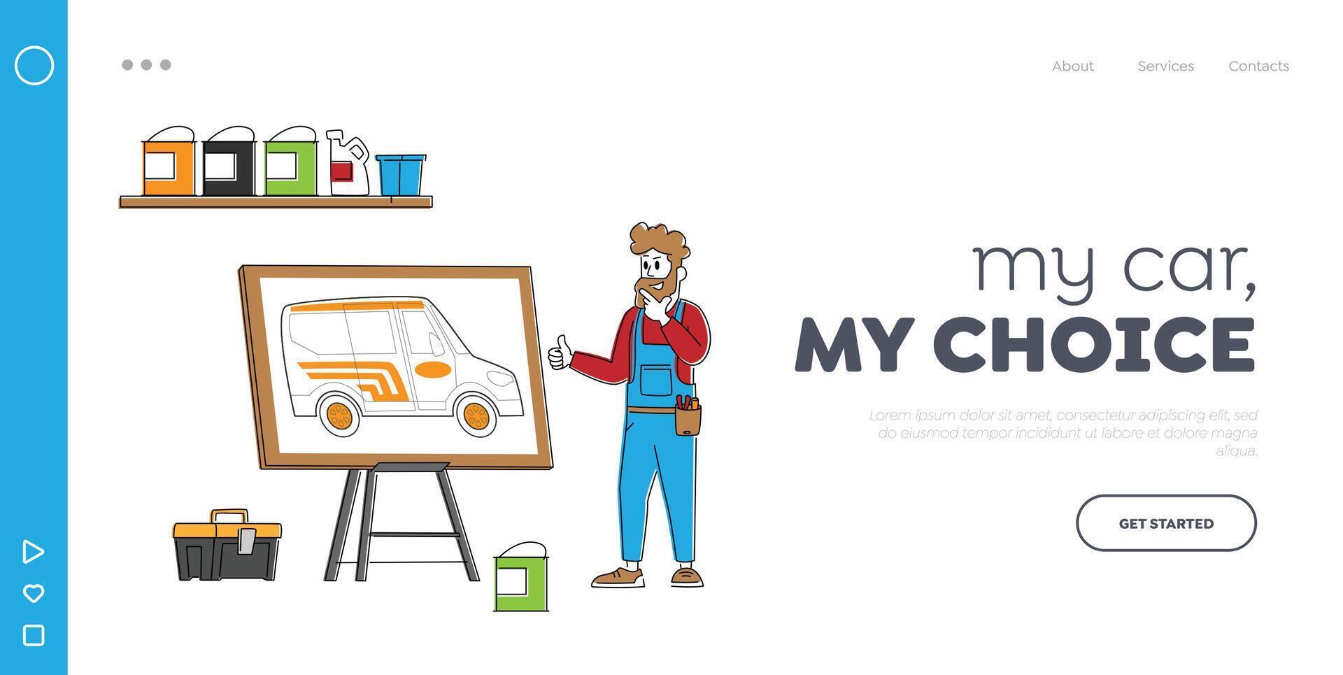 Vehicle Modification at Auto Service Landing Page Template. Engineer Mechanic Character Presenting Design for Car Tuning vector