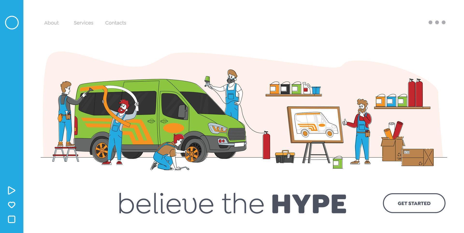 Car Tuning Landing Page Template. Automobile Tuner Worker Character with Instrument Vehicle Modification at Auto Service vector