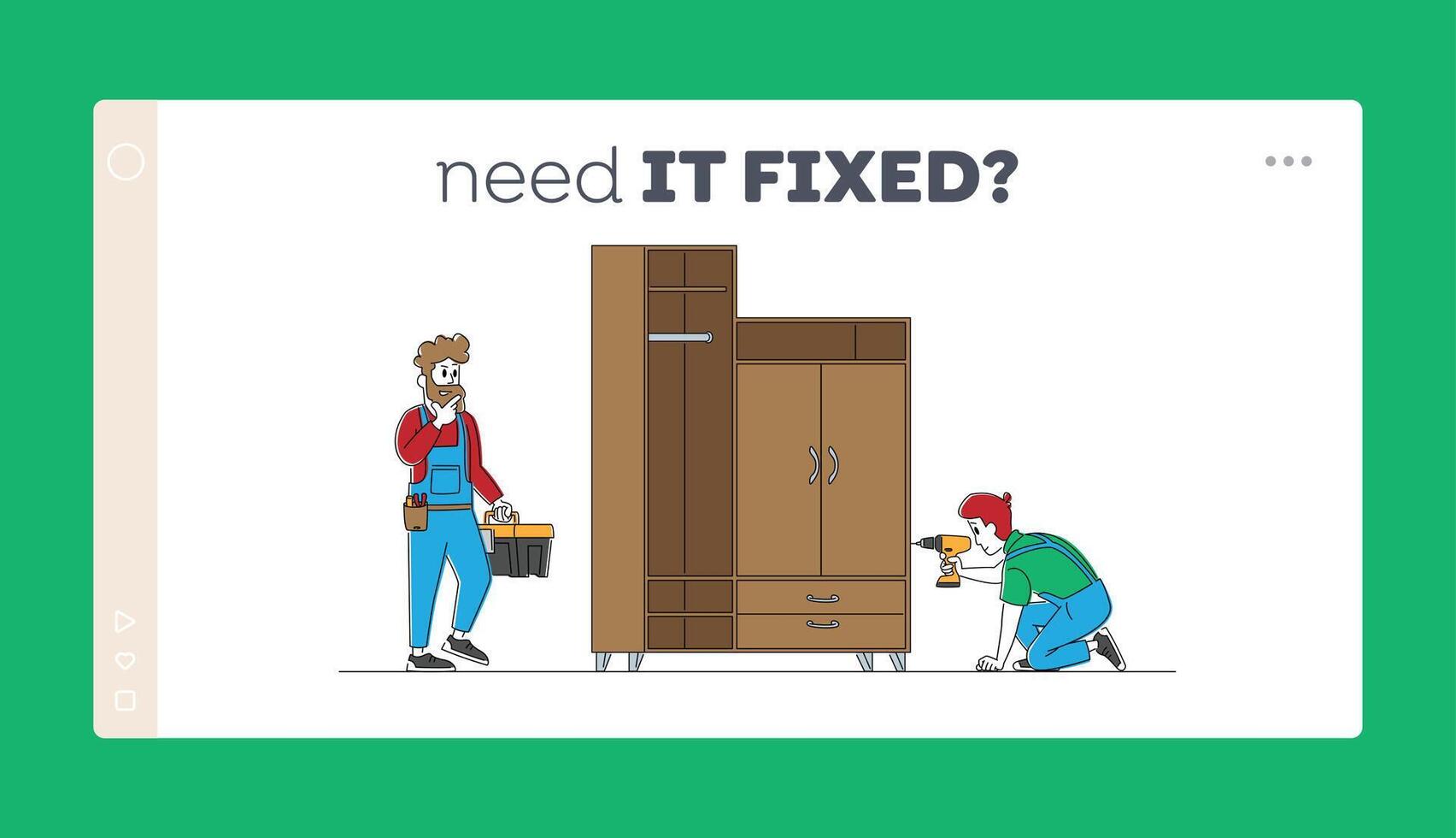 Furniture Assembly Service Landing Page Template. Carpenter Worker Characters with Tools Assembling Wardrobe with Construction Instruments in Belt Bag and Toolbox. Linear People Illustration vector