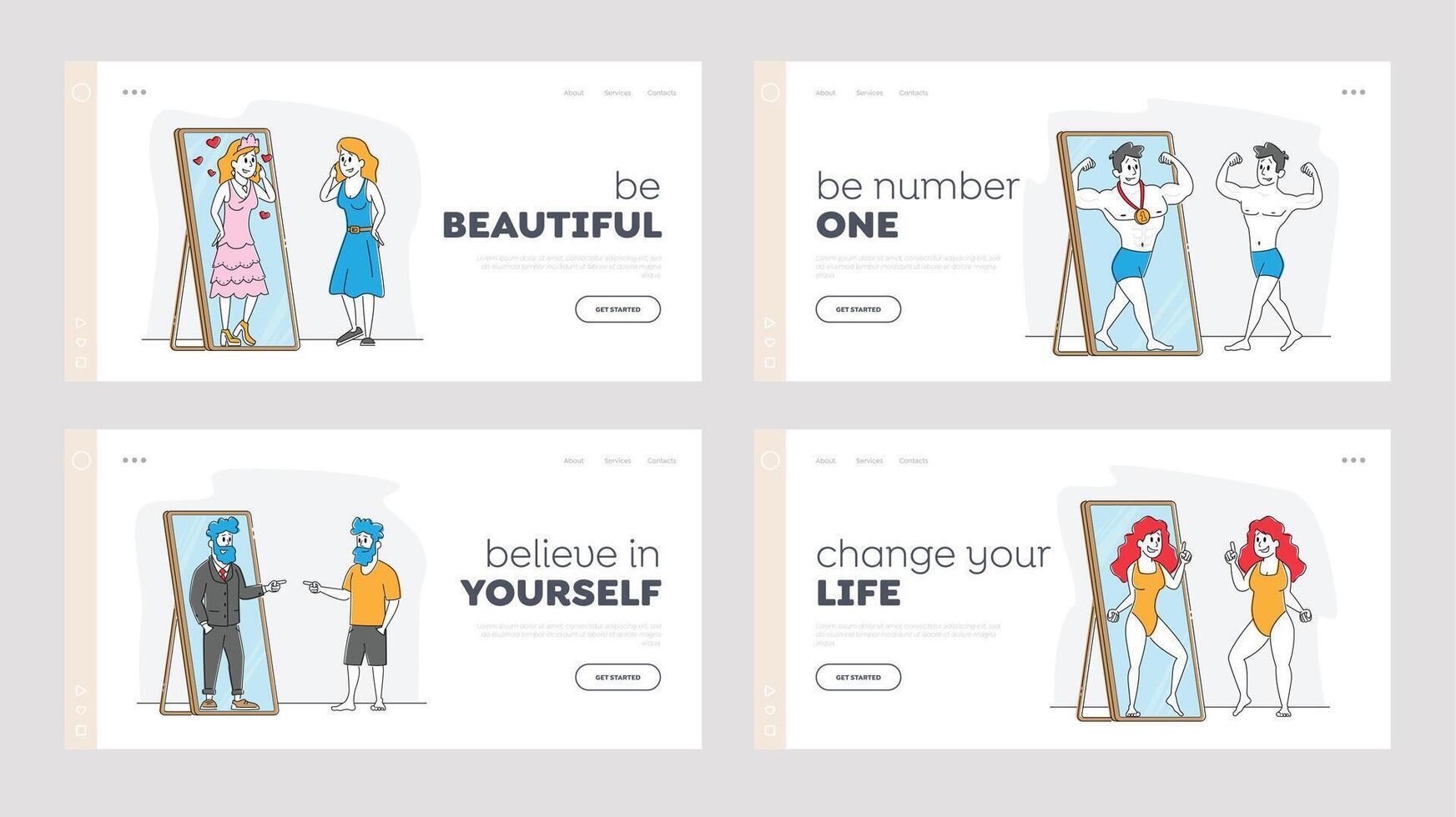 People Looking at Mirror Reflection Landing Page Template Set. Self-assessment and Personal Appearance. Male Female Characters Admire or Horrified with Image in Mirror. Linear Illustration vector