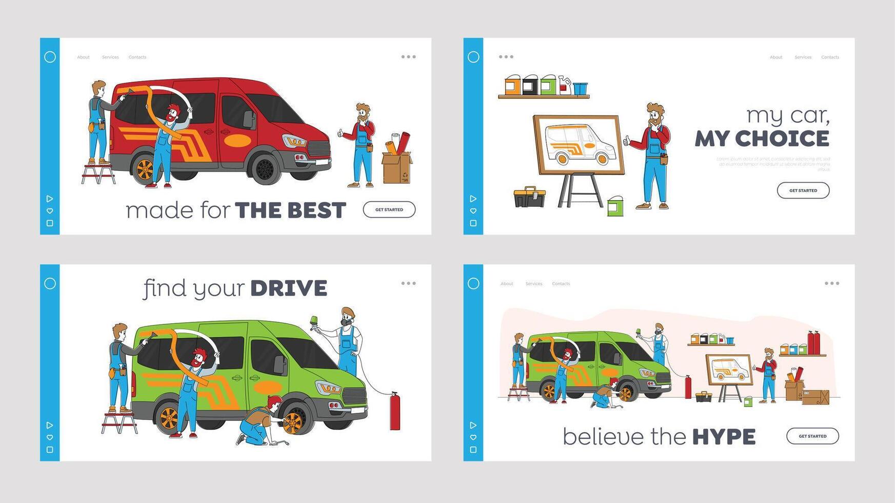 Car Tuning Landing Page Template Set. Automobile Tuner Worker Characters with Tools Vehicle Modification at Auto Service vector