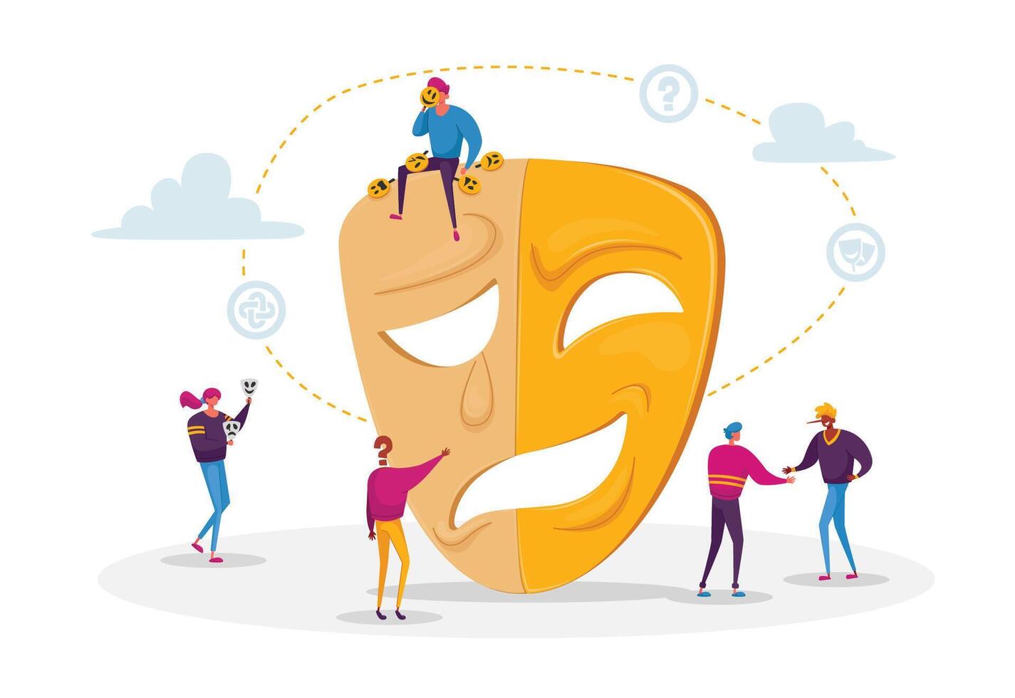 Hypocrisy. Characters Lying to Each Other, Hide Real Face. Man Sitting on Huge Mask with Smiling and Sad Crying Parts vector