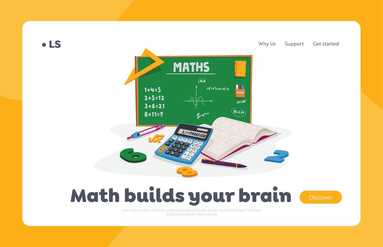 Mathematics Education and School Lesson Landing Page Template. Textbooks, Calculator, Pen and Compass with Digits around of Green Chalkboard with Tasks and Math Formulas. Cartoon Illustration vector