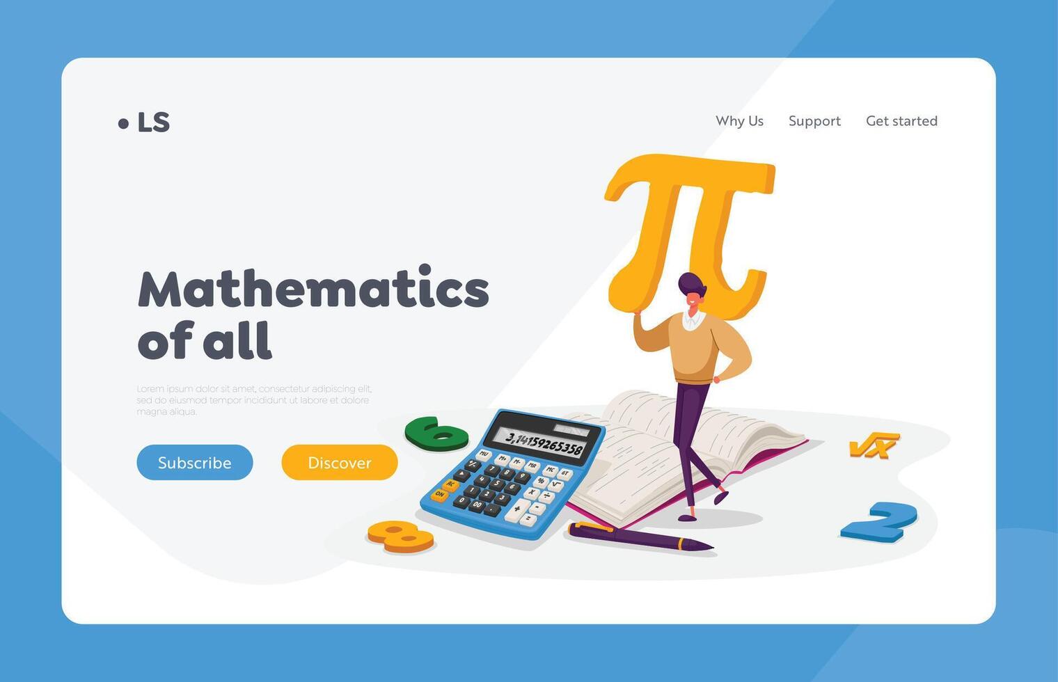 Mathematics Science and Algebra Landing Page Template. Tiny Student Male Character Carry Huge Sign Pi with Digits and , Textbook. University and High School Education. Cartoon Illustration vector
