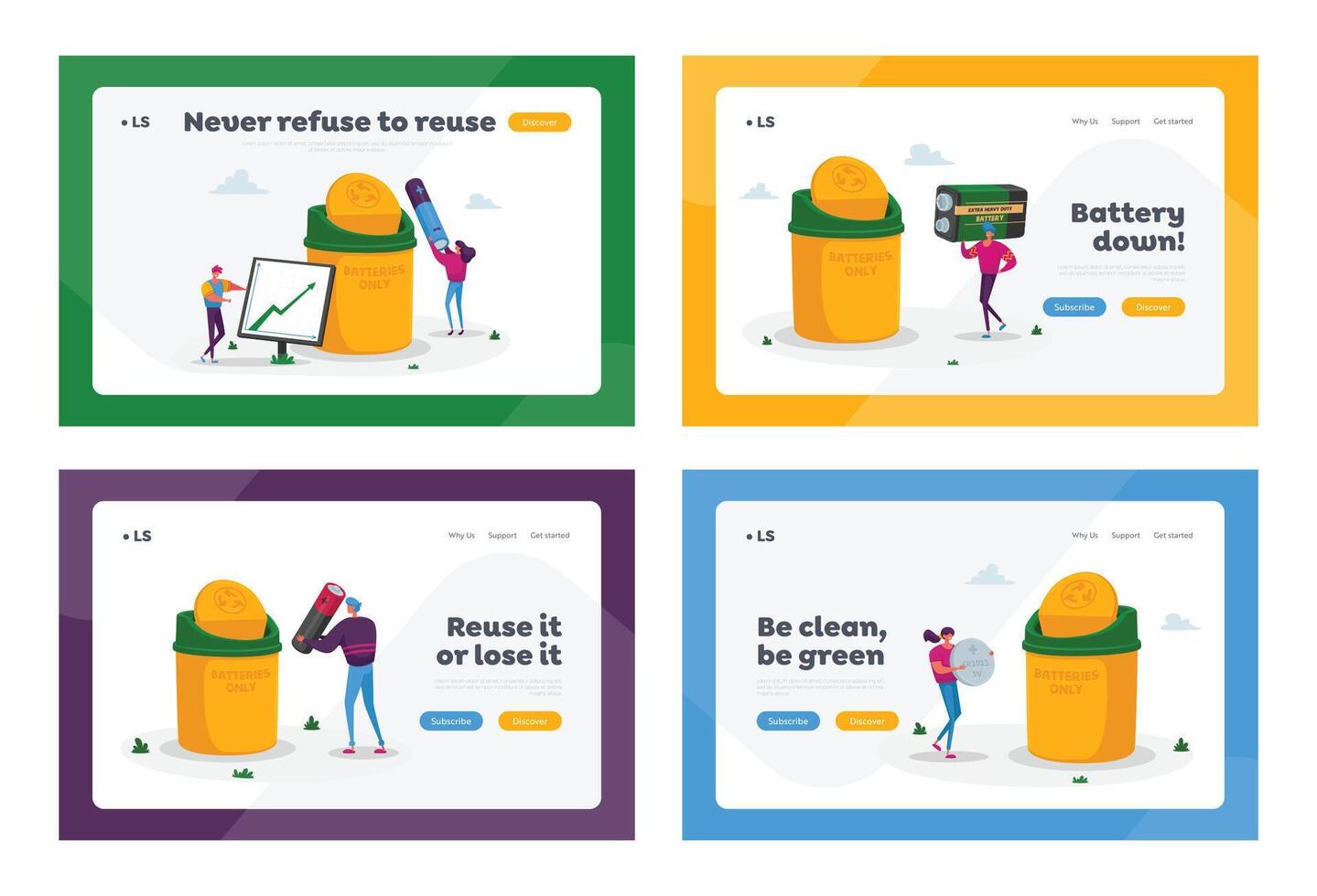 Battery Recycle Landing Page Template Set. Tiny Characters Put Batteries Trash to Huge Container. Garbage Disposal, Environment Conservation. Man at Growing Chart. Cartoon People Illustration vector