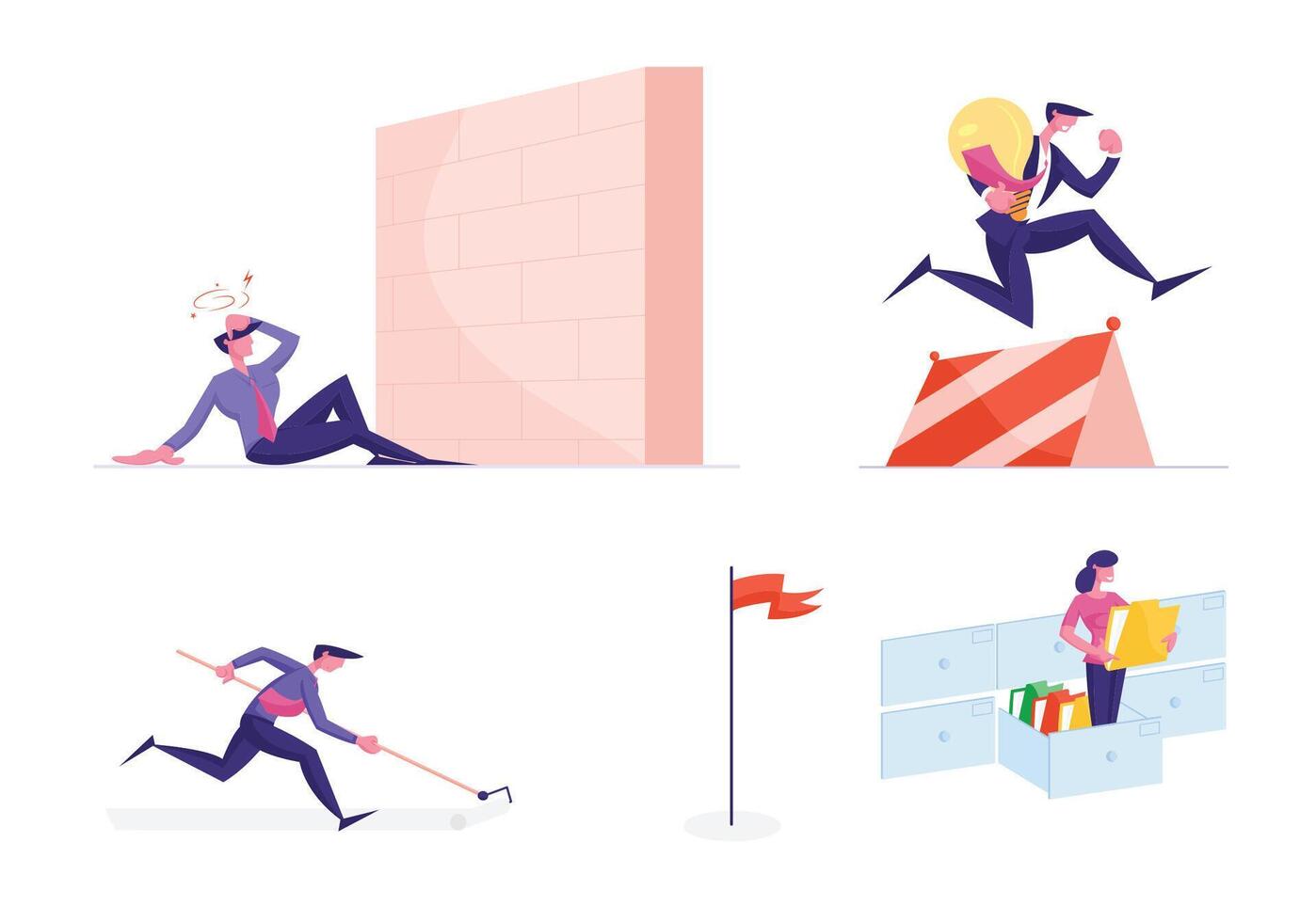 Set of Business Characters Races for Leadership, Run with Obstacles and Paper Work with Archive Document. Man with Bulb vector