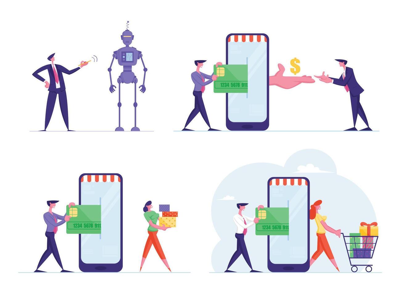 Set Business Characters Cashless Payment and Working with Artificial Intelligence Robots. People Online Shopping vector
