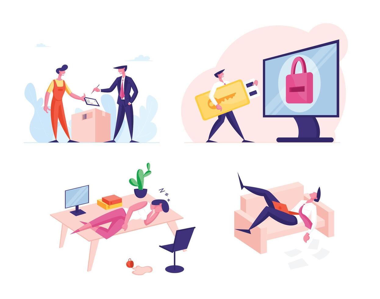 Set Business Characters Working Burnout, Procrastination, Delivery Service and Digital Key. People Sleeping at Workplace vector