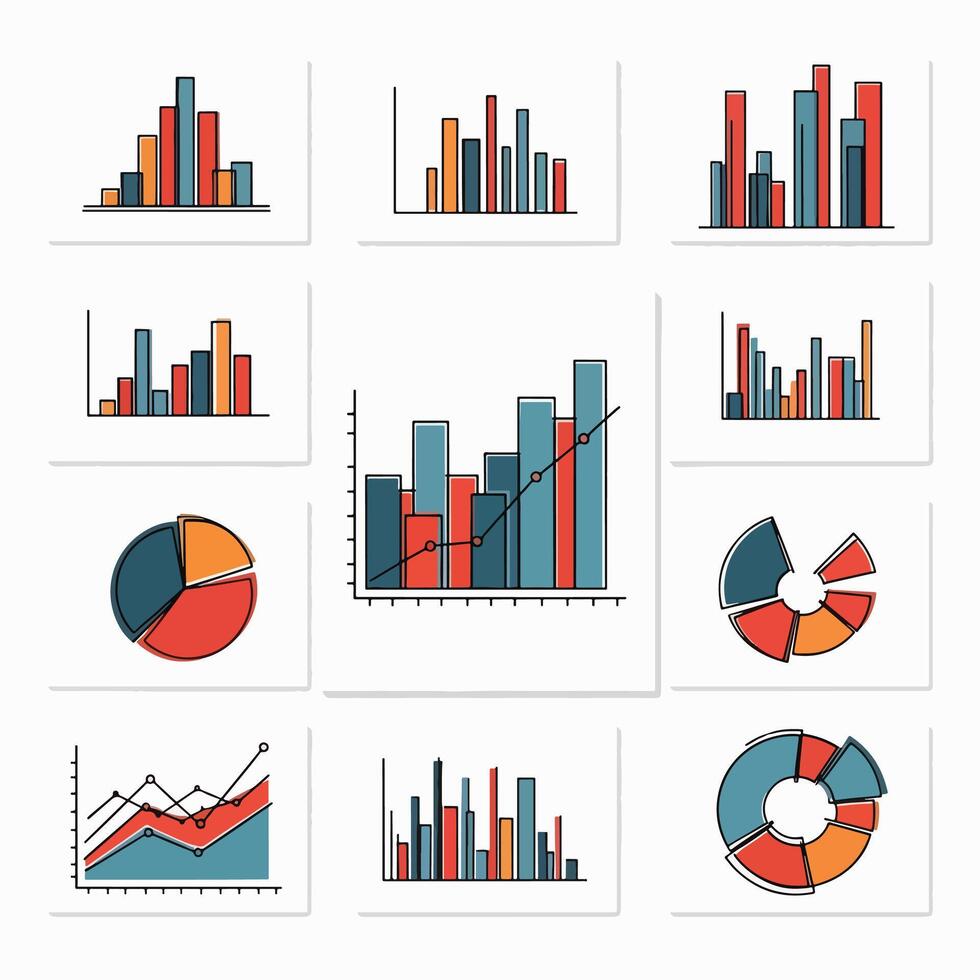 Collection of business bar and pie charts for data analysis vector