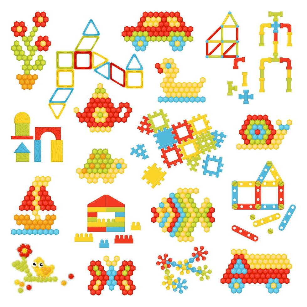 Mosaic logic game for children. Constructor of colourful cube block elements cartoon vector