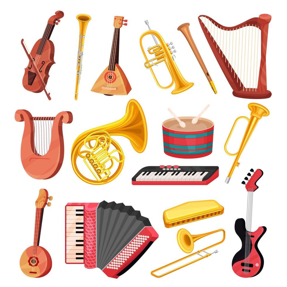 Different Musical Instrument with Stringed, Wind and Percussion Like Violin, Drum, Harp, Trumpet, Keyboard and Trombone Set vector