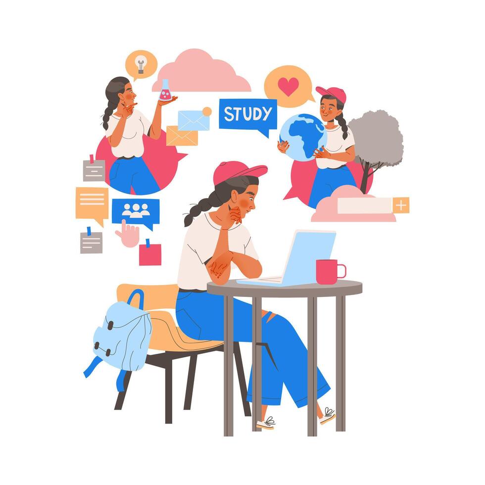 Female Student Character Learning Multitasking Switching Between Different Activities Illustration vector