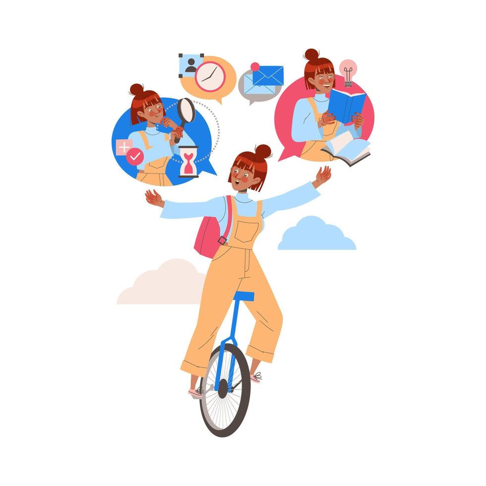 Female Student Character on Monocycle Learning Multitasking Switching Between Different Activities Illustration vector