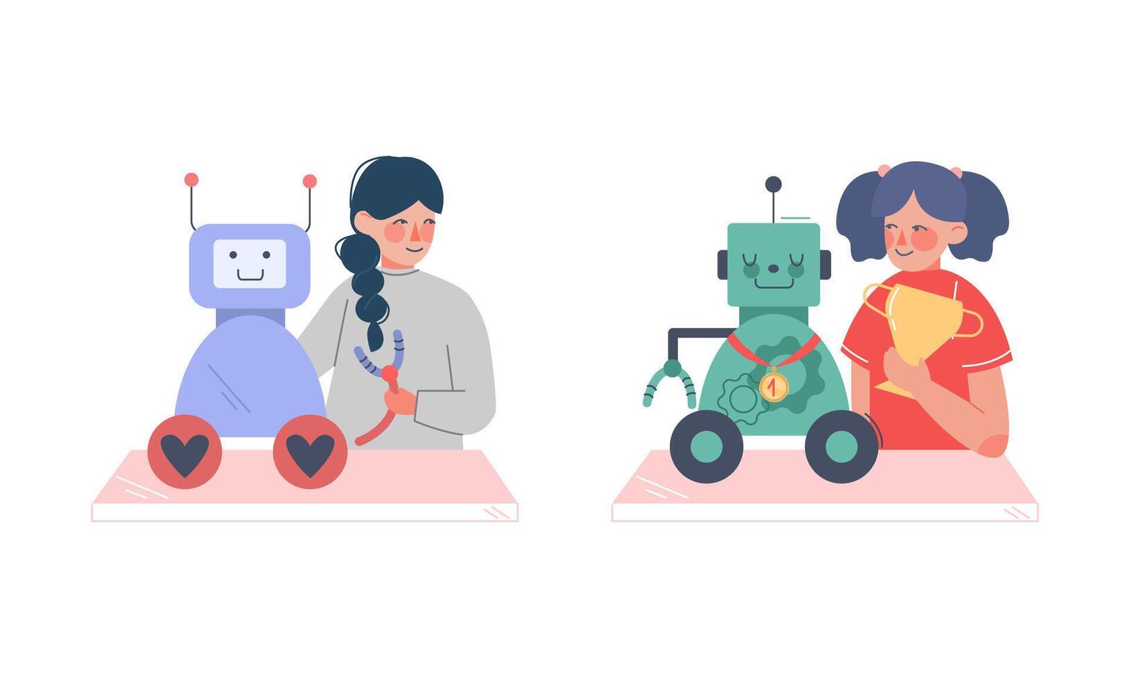 muchachas haciendo y programación robots colocar. robótica para niños dibujos animados ilustración vector