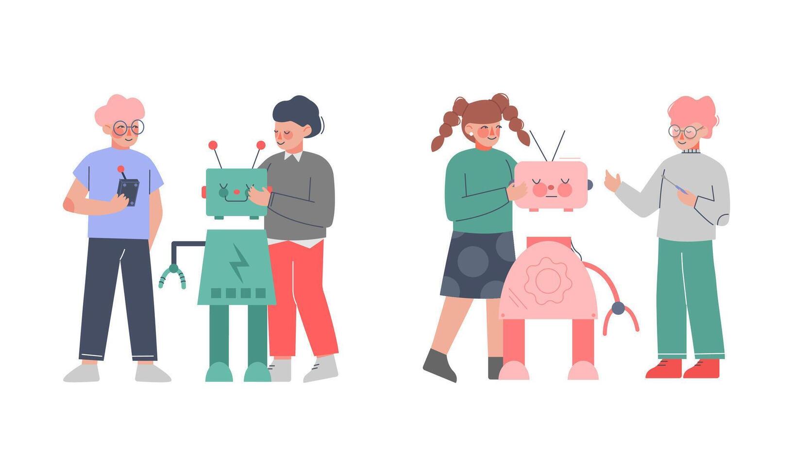 estudiantes haciendo y programación robots colocar. robótica y programación para niños dibujos animados ilustración vector