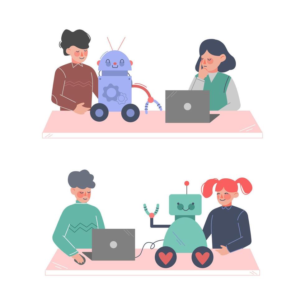 Children engineers making and programming robots set cartoon illustration vector