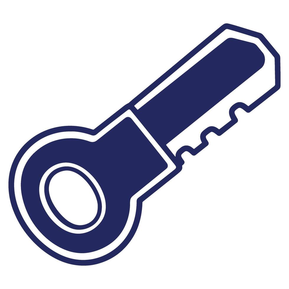 Simple Key Illustration in Dark Blue Representing Security and Access Control with Keyhole Detail and Serrated Edge Design vector