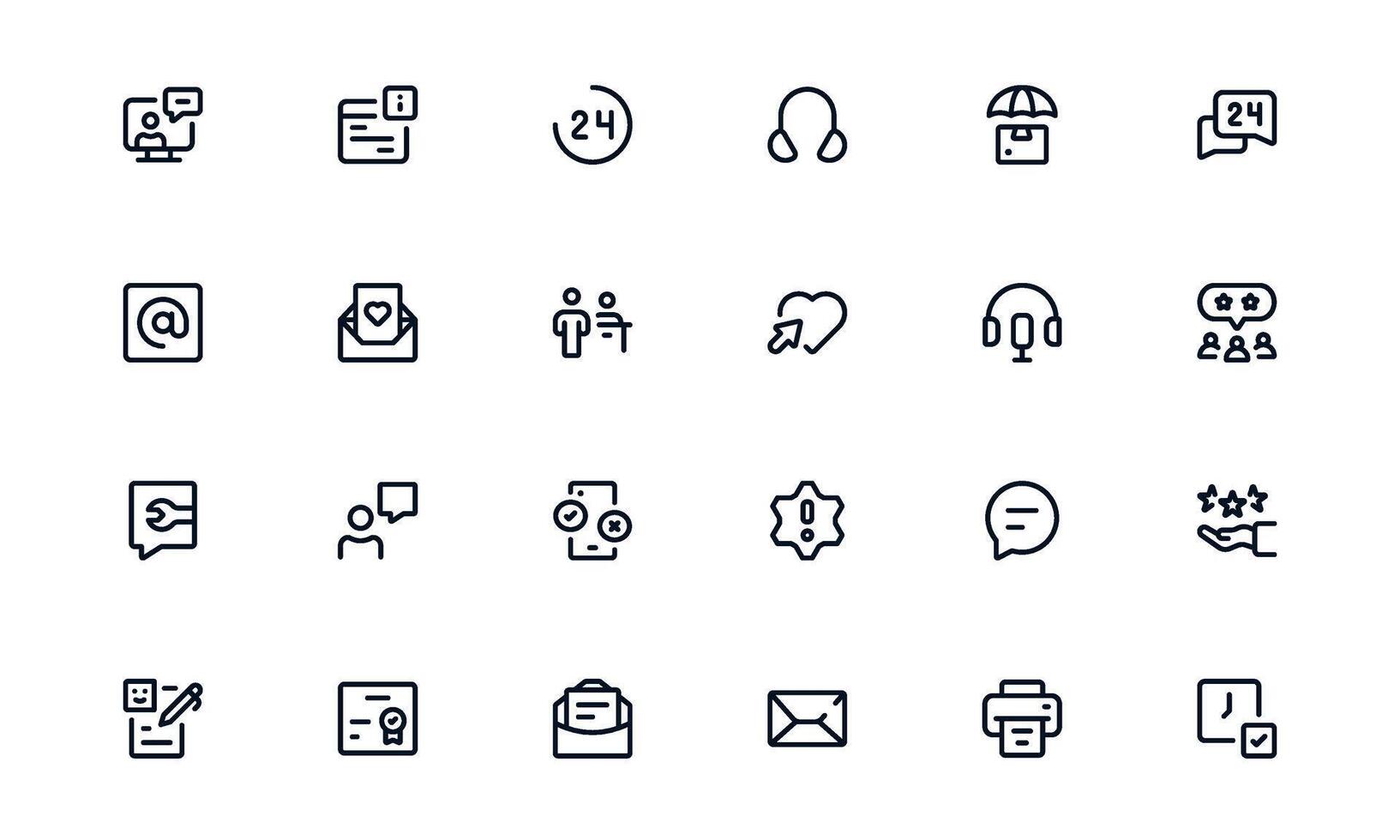 Interactive Customer Support Service Icon Pack displaying Ticket Management Systems, Support Dashboards, and Customer Apps vector