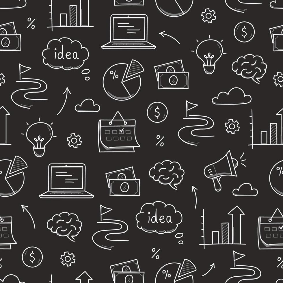 Business idea doodle seamless pattern . Business success, creative idea concept doodle drawn sketch style pattern with lightbulb, megaphone, calendar element. vector