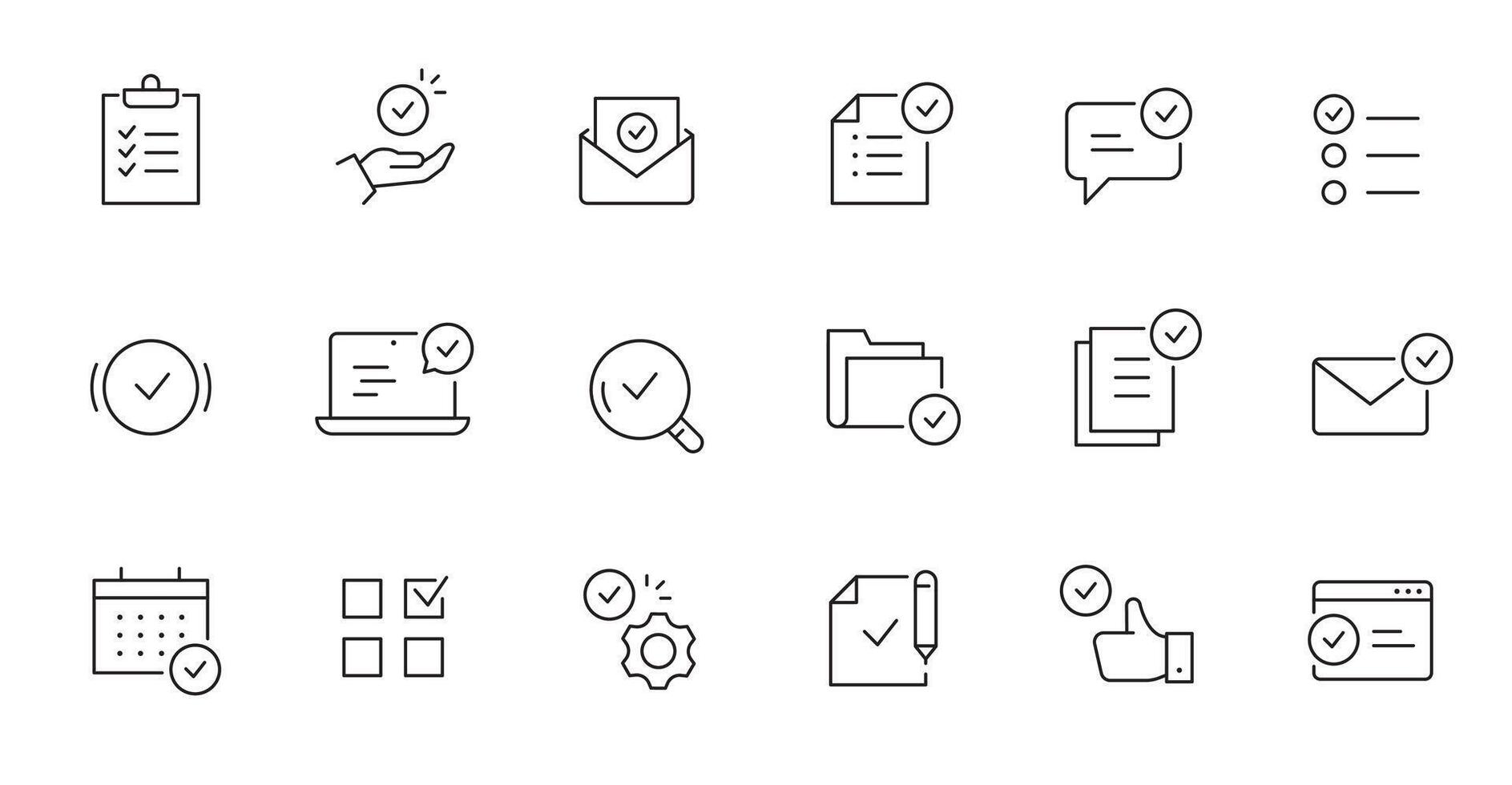 Document check, quality control line icons set. Quality certificate, business quarantee mark outline editable stroke icon. Approve, confirm vector