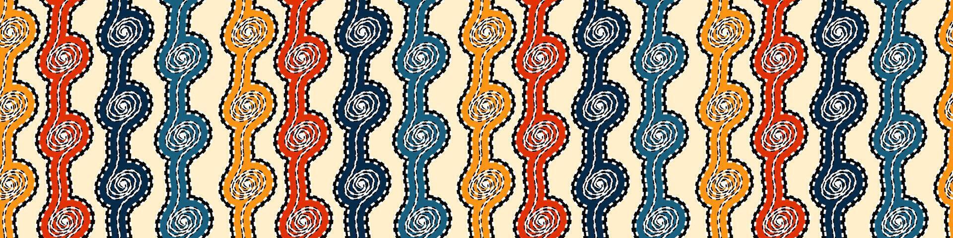 Vibrant Folk Art Chain Stitch Seamless Repeat Pattern . wall pattern. Retro 70s Abstract Wavy Line Textile Print Background. Bold Bohemian Ogee Stripe Seamless Border Design. abstract Pop Art vector