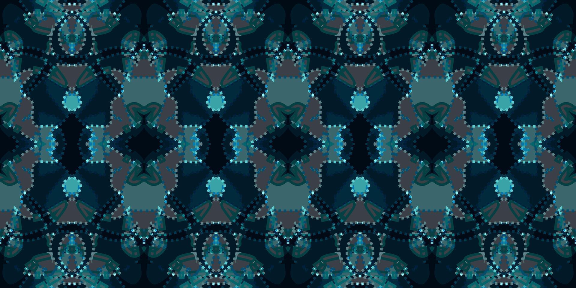 Deep Teal and Navy Abstract Ikat Style Seamless Pattern. wallpaper pattern. Symmetrical Aqua and Indigo Bohemian Textile Background. Modern Abstract Patchwork Geometric Repeat Motif vector
