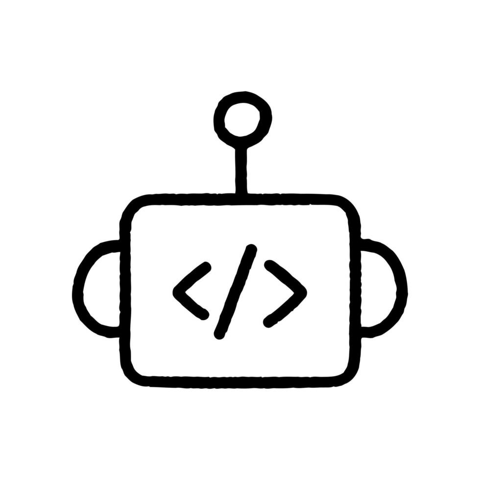 Simple hand drawn robot icon with code symbol on its chest vector