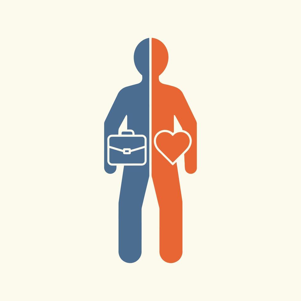 the silhouette of a person divided into two halves, one representing work with a briefcase and the other representing personal life with a heart vector