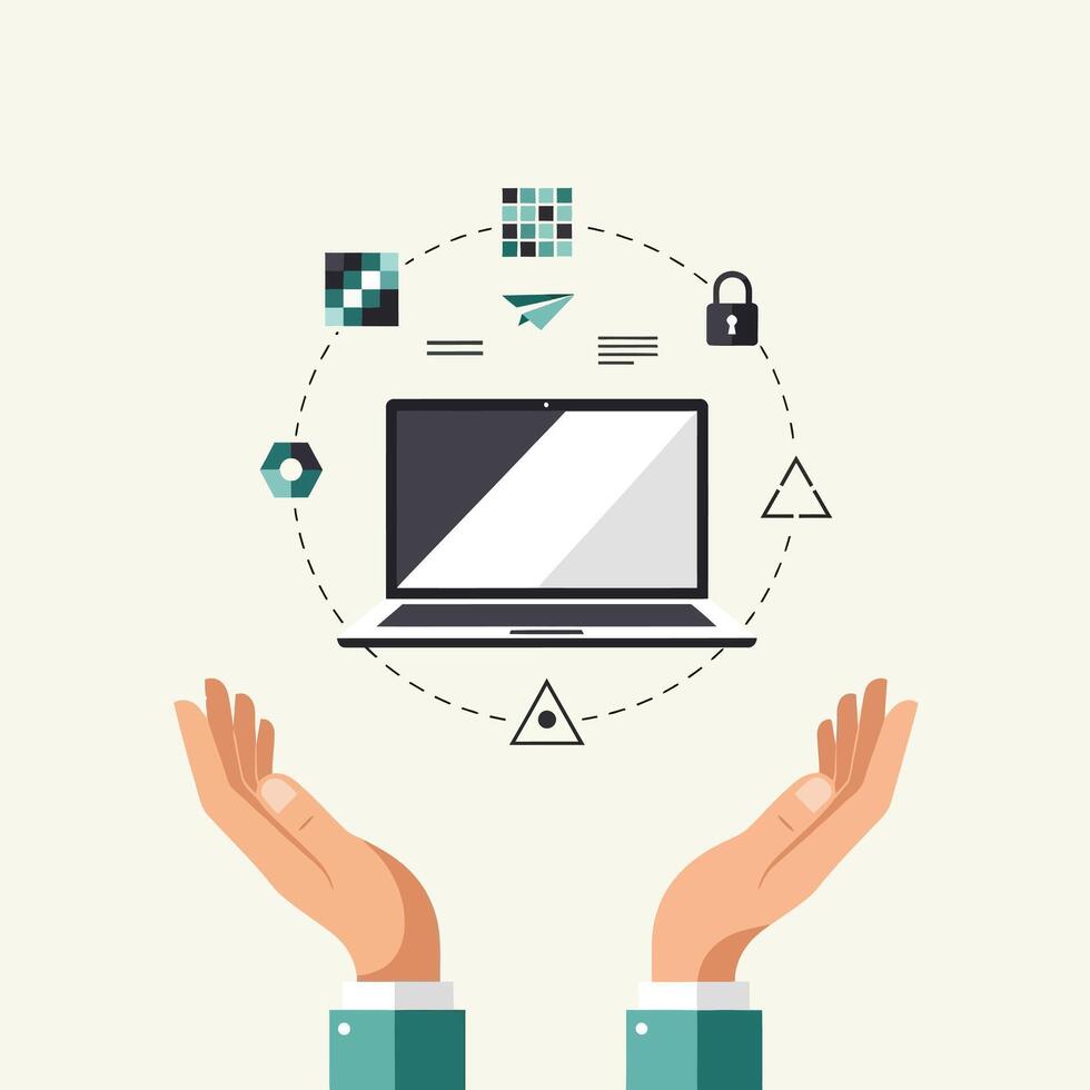Hands supporting a laptop with surrounding digital icons for data, security, and communication, representing digital service vector