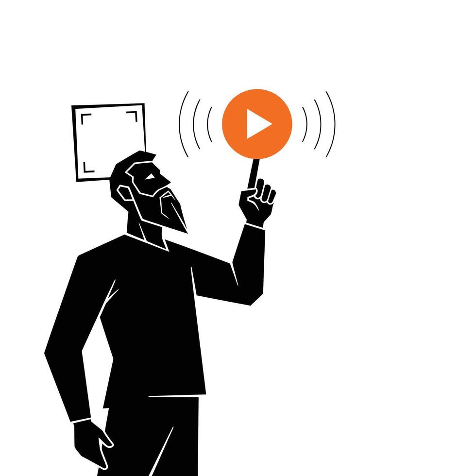 A man with a beard points his finger upwards at a glowing orange play button with sound waves around it vector