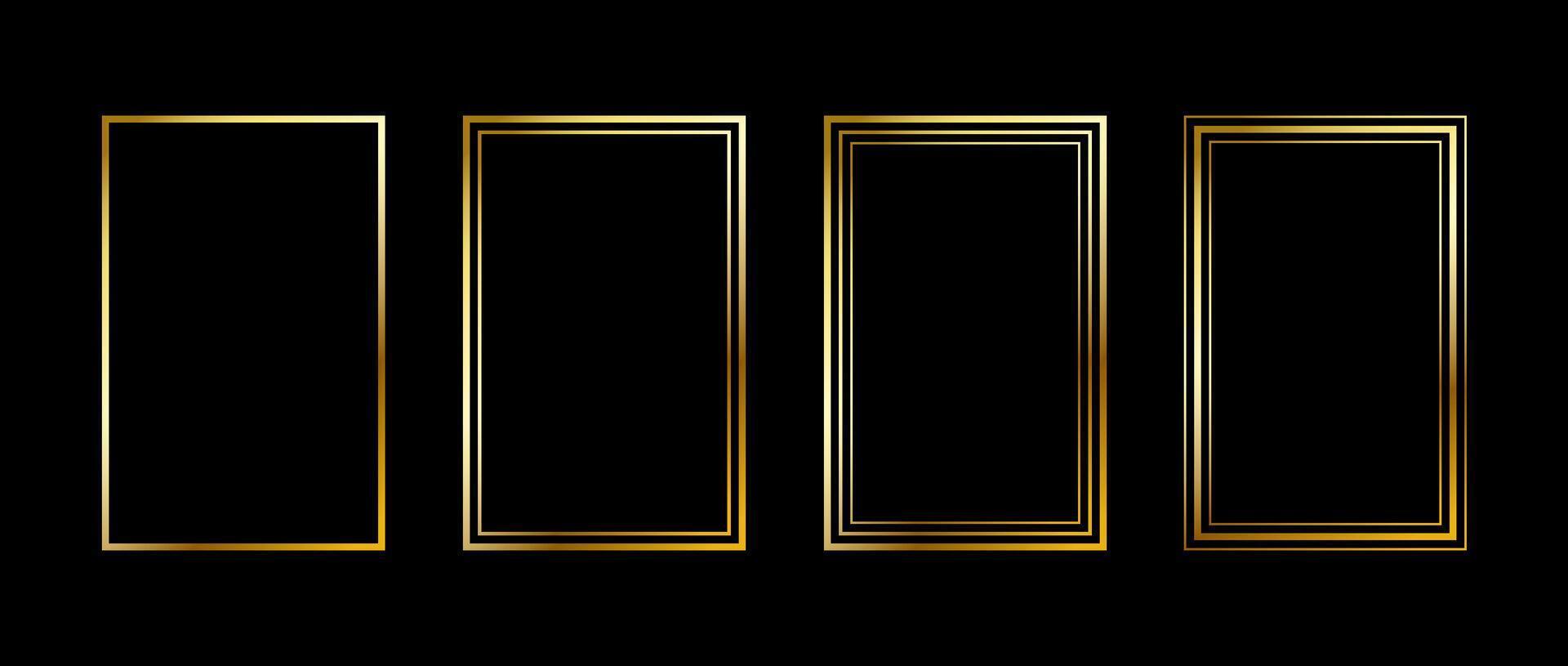 Golden thin rectangle frame set. Shining gold square borders in art deco style. Thin linear rectangular cadre collection. Yellow glowing shiny boarder element pack for photo, poster, card vector