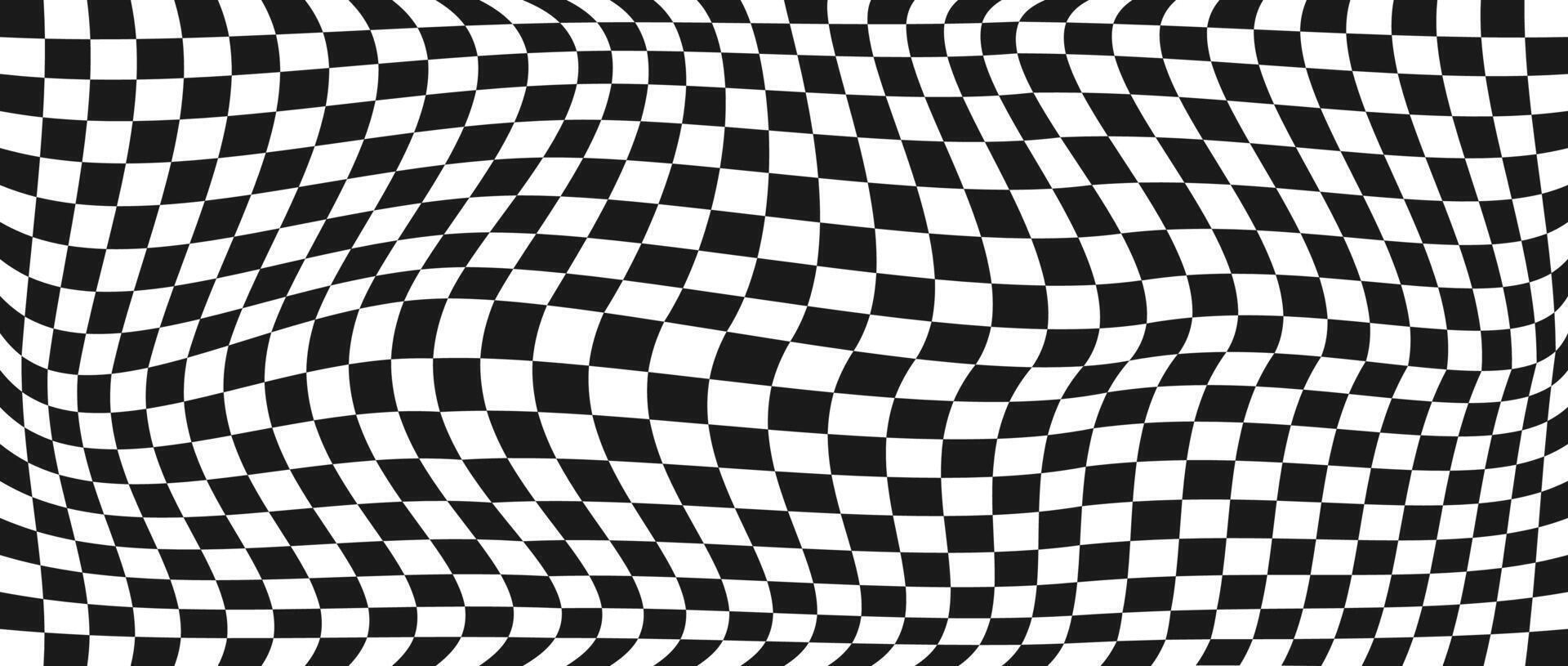 Trippy checkerboard background. Retro psychedelic checkered wallpaper. Wavy groovy chessboard surface. Distorted geometric grid chess pattern. Abstract black and white race flag backdrop vector
