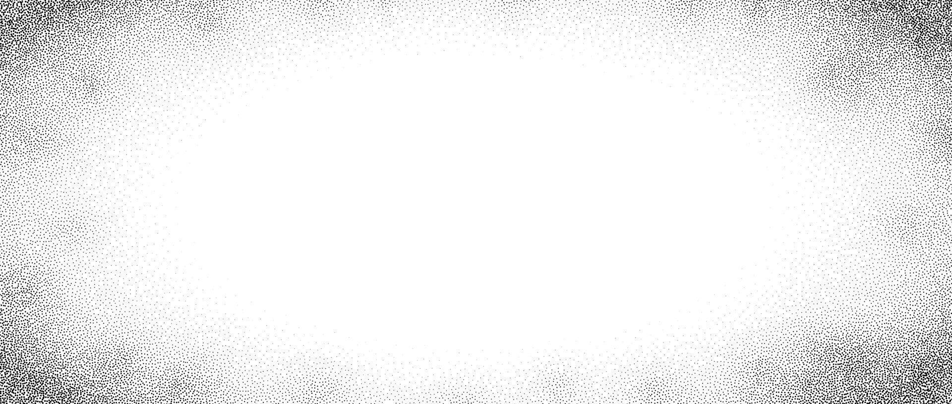 Stipple sand grain gradient texture. Fading sprayed dot frame background. Grunge dotted noise pattern wallpaper with zoom effect. Vignette grainy halfton patern backdrop. Radial border overlay vector