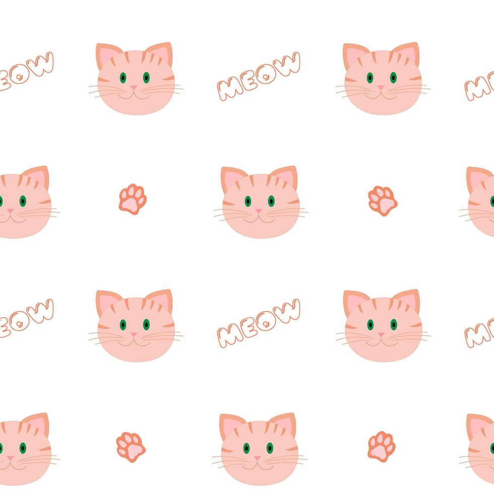 Seamless Pattern with Cartoon Cat Faces, Paw Prints, and Meow Text vector