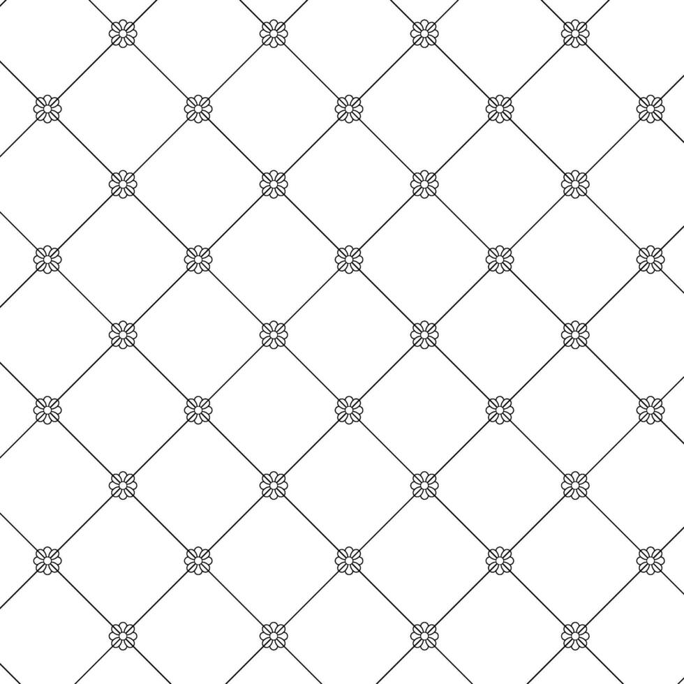 A seamless pattern of delicate black flower motifs connected by thin diagonal lines on a clean white background, creating a simple, elegant, and calming design. vector