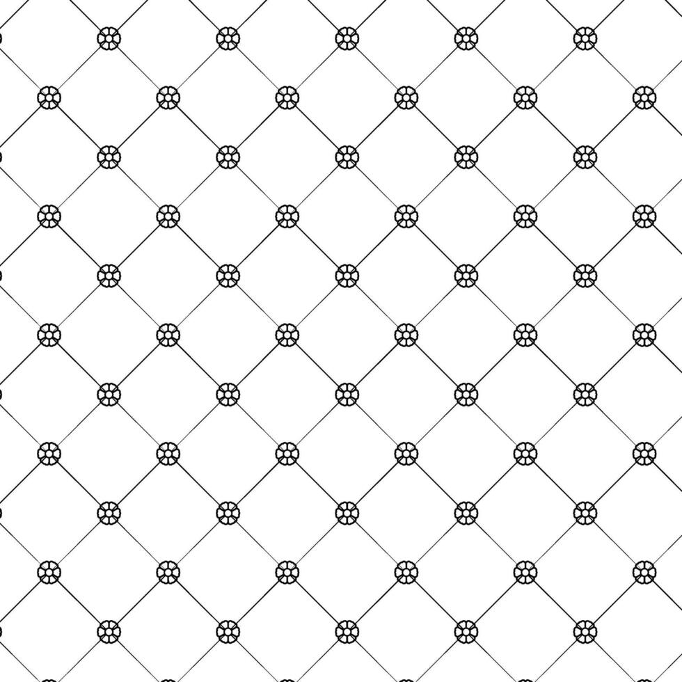 A repeating pattern of black circles with internal floral designs connected by diagonal lines on a white background, creating a simple, elegant, and clean aesthetic. vector
